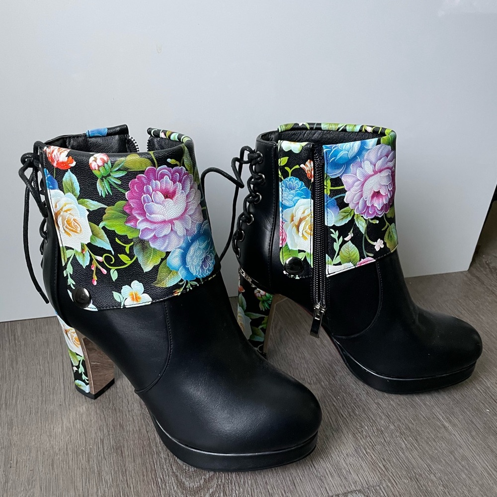 Black and floral faux leather heeled ankle boots with lace up back